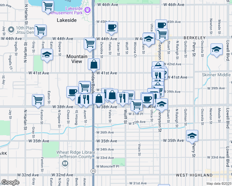 map of restaurants, bars, coffee shops, grocery stores, and more near 3896 Xavier Street in Denver