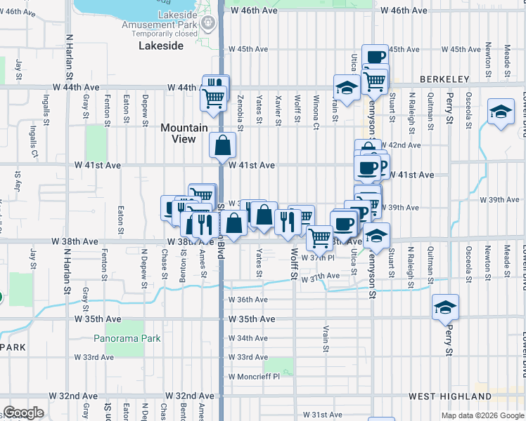 map of restaurants, bars, coffee shops, grocery stores, and more near 3895 Yates Street in Denver