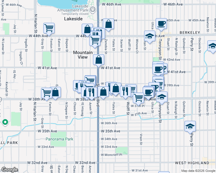 map of restaurants, bars, coffee shops, grocery stores, and more near 3895 Zenobia Street in Denver