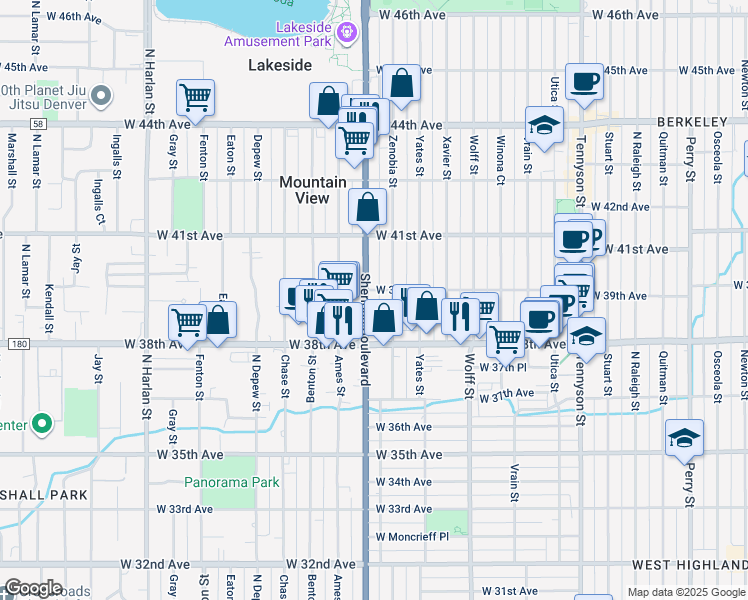 map of restaurants, bars, coffee shops, grocery stores, and more near 3895 Zenobia Street in Denver