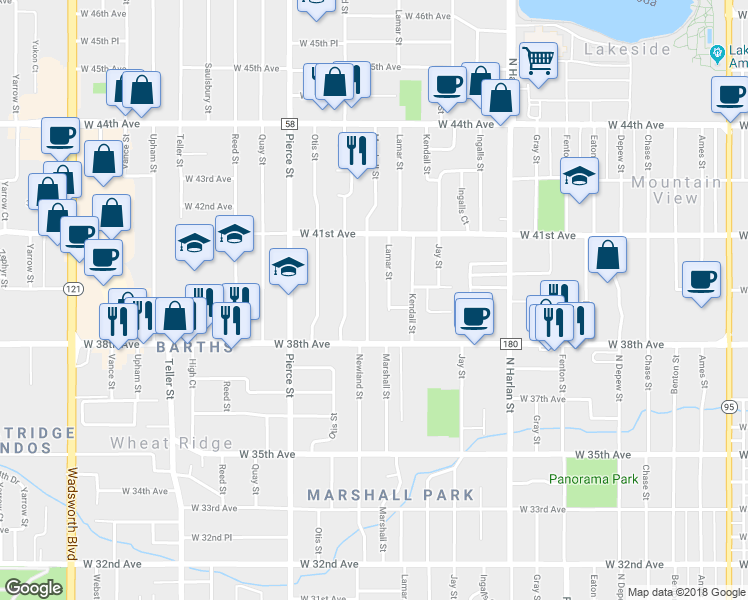 map of restaurants, bars, coffee shops, grocery stores, and more near 3945 Marshall Street in Wheat Ridge