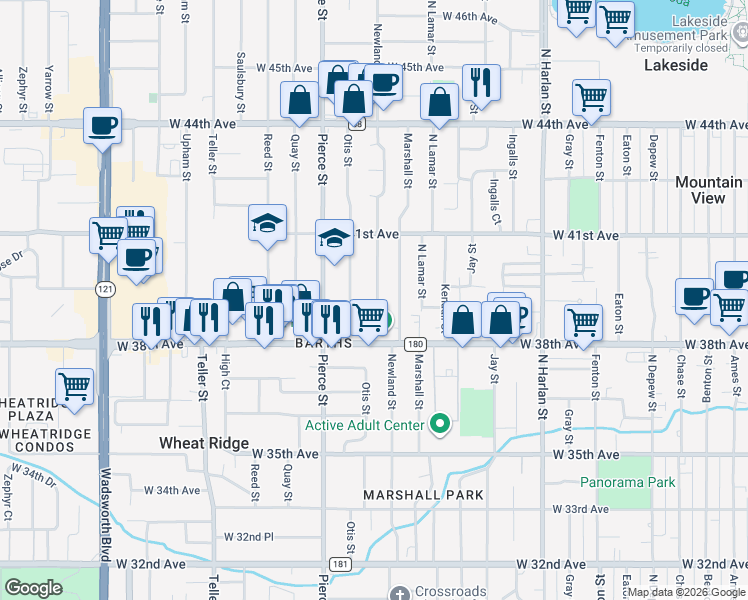 map of restaurants, bars, coffee shops, grocery stores, and more near 3950 Otis Street in Wheat Ridge
