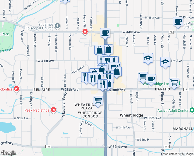 map of restaurants, bars, coffee shops, grocery stores, and more near 7720 West 39th Avenue in Wheat Ridge