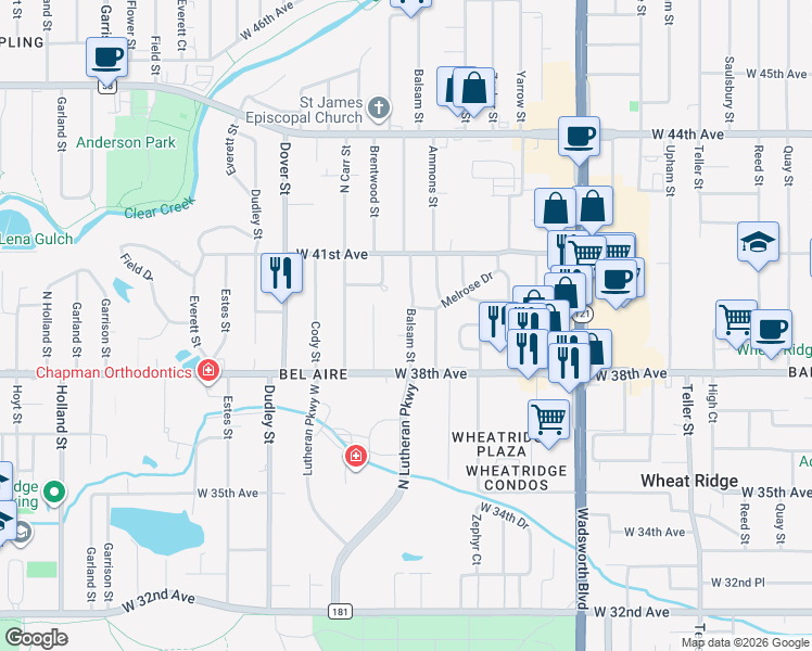map of restaurants, bars, coffee shops, grocery stores, and more near 3885 Balsam Street in Wheat Ridge
