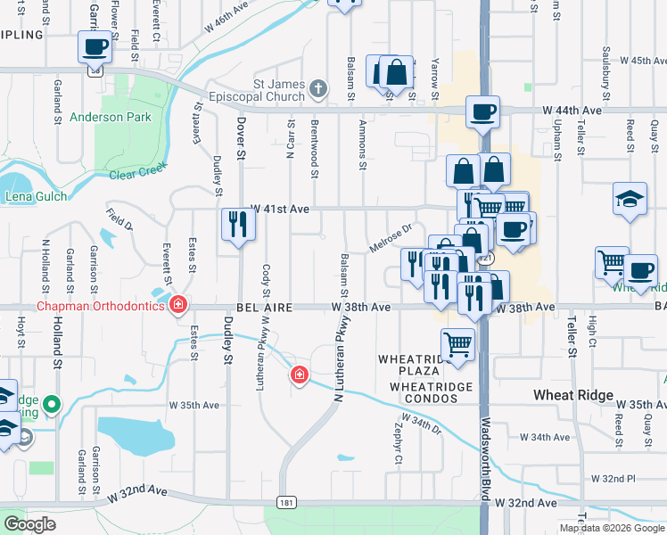 map of restaurants, bars, coffee shops, grocery stores, and more near 3885 Balsam Street in Wheat Ridge