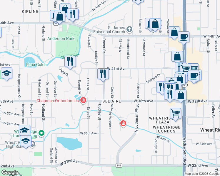 map of restaurants, bars, coffee shops, grocery stores, and more near 3940 Dover Street in Wheat Ridge