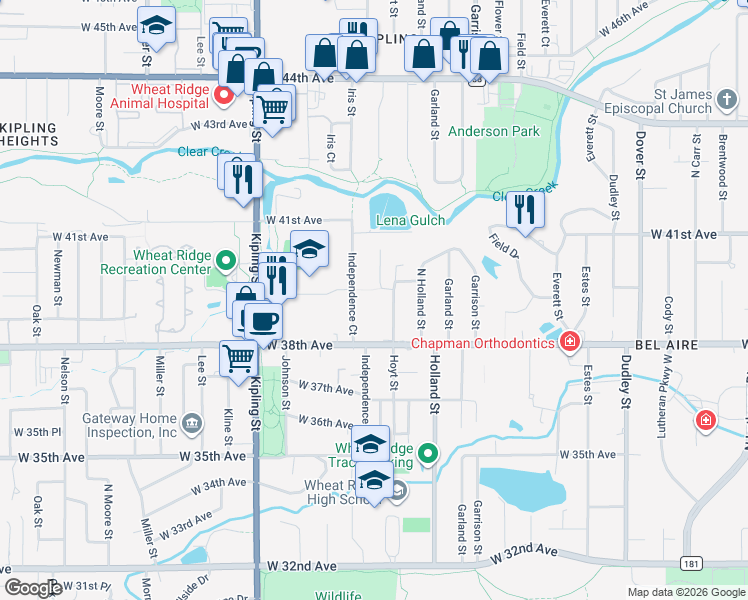 map of restaurants, bars, coffee shops, grocery stores, and more near 3894 Independence Court in Wheat Ridge