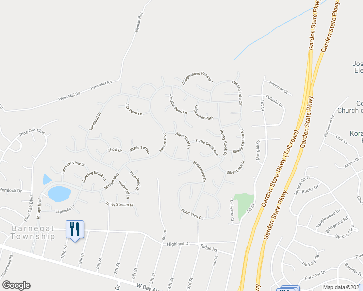 map of restaurants, bars, coffee shops, grocery stores, and more near 20 Aqua View Lane in Barnegat Township