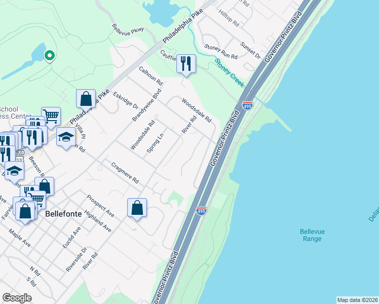 map of restaurants, bars, coffee shops, grocery stores, and more near 1557 Villa Road in Wilmington