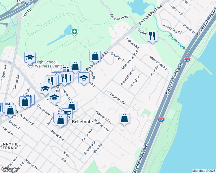 map of restaurants, bars, coffee shops, grocery stores, and more near 1404 Brandywine Boulevard in Wilmington