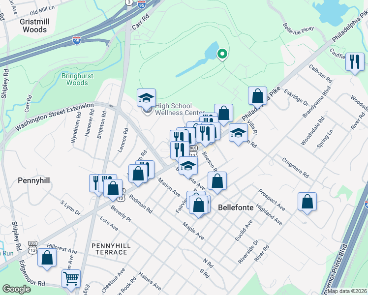 map of restaurants, bars, coffee shops, grocery stores, and more near 726 Seville Avenue in Wilmington