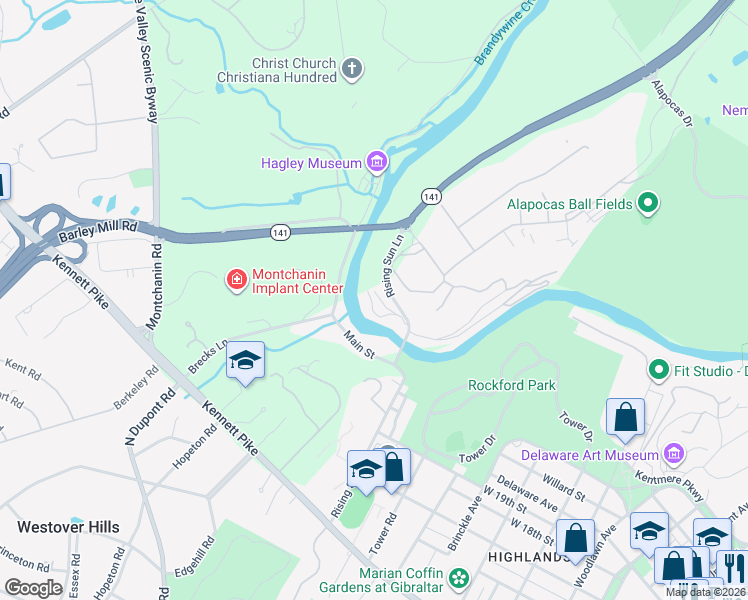 map of restaurants, bars, coffee shops, grocery stores, and more near New Bridge Road in Wilmington