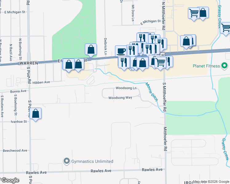 map of restaurants, bars, coffee shops, grocery stores, and more near 9651 Woodsong Lane in Indianapolis