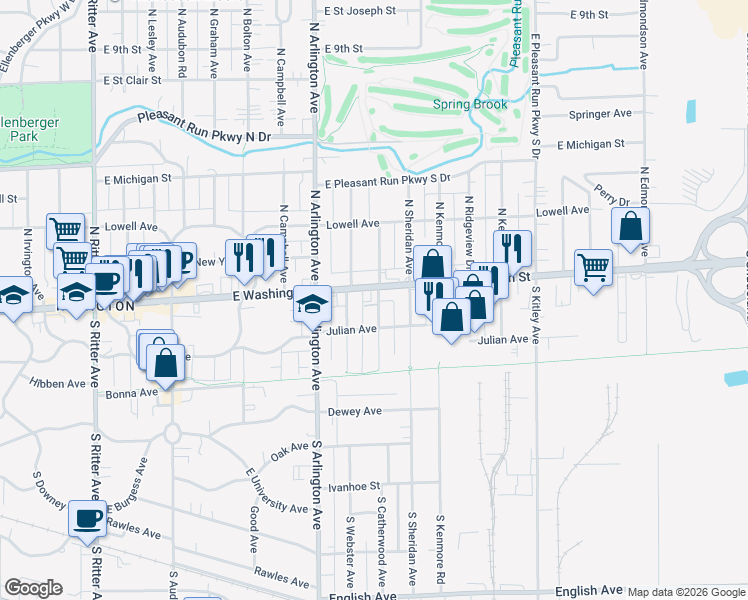map of restaurants, bars, coffee shops, grocery stores, and more near 6109 East Washington Street in Indianapolis