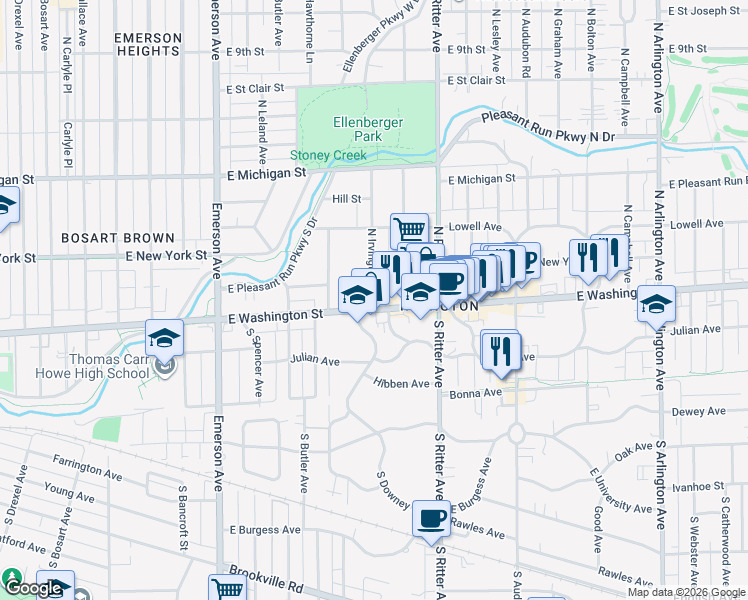 map of restaurants, bars, coffee shops, grocery stores, and more near 17 North Irvington Avenue in Indianapolis