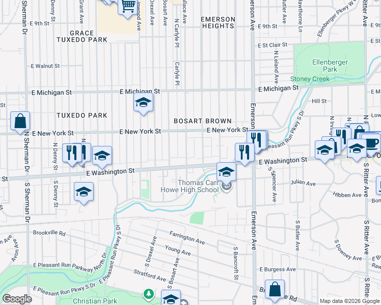 map of restaurants, bars, coffee shops, grocery stores, and more near 36 Dequincy Street in Indianapolis