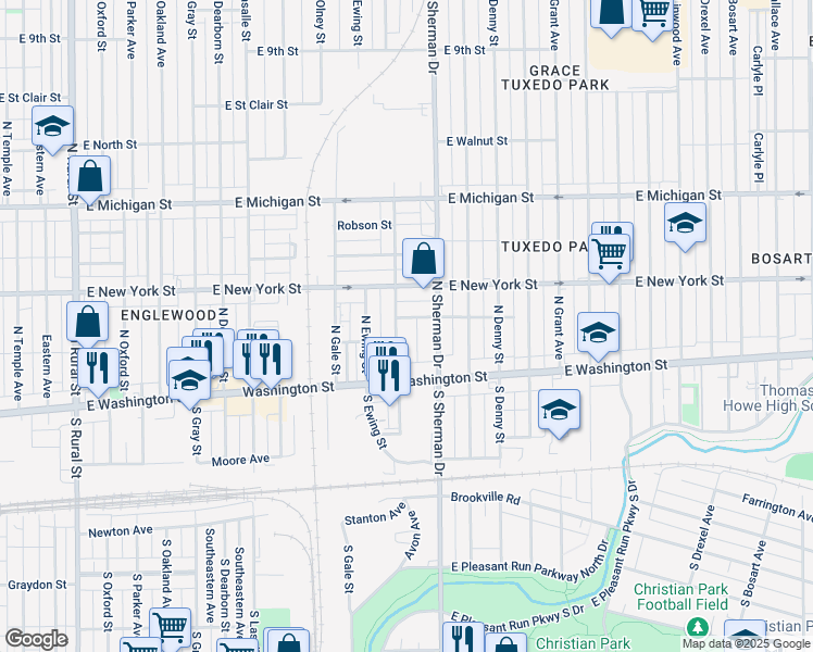 map of restaurants, bars, coffee shops, grocery stores, and more near 3721 East Market Street in Indianapolis