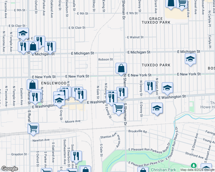 map of restaurants, bars, coffee shops, grocery stores, and more near 69 North Ewing Street in Indianapolis