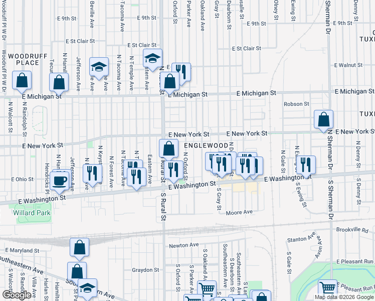map of restaurants, bars, coffee shops, grocery stores, and more near 238 North Oxford Street in Indianapolis