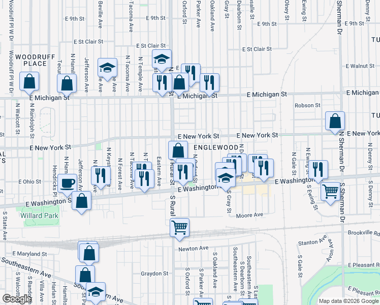 map of restaurants, bars, coffee shops, grocery stores, and more near 238 North Oxford Street in Indianapolis