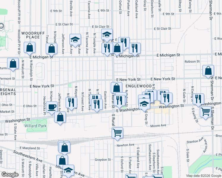 map of restaurants, bars, coffee shops, grocery stores, and more near 238 North Rural Street in Indianapolis