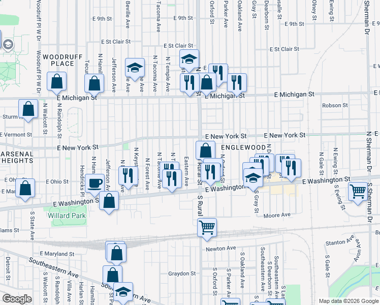 map of restaurants, bars, coffee shops, grocery stores, and more near 236 Eastern Avenue in Indianapolis
