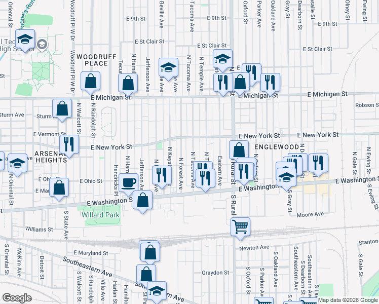 map of restaurants, bars, coffee shops, grocery stores, and more near 237 North Tacoma Avenue in Indianapolis