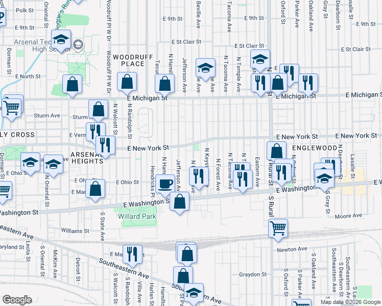 map of restaurants, bars, coffee shops, grocery stores, and more near 249 North Beville Avenue in Indianapolis