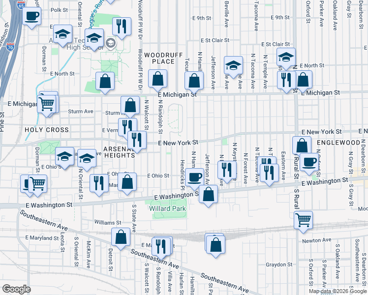 map of restaurants, bars, coffee shops, grocery stores, and more near 273 Parkview Avenue in Indianapolis