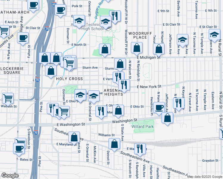 map of restaurants, bars, coffee shops, grocery stores, and more near 1621 East New York Street in Indianapolis
