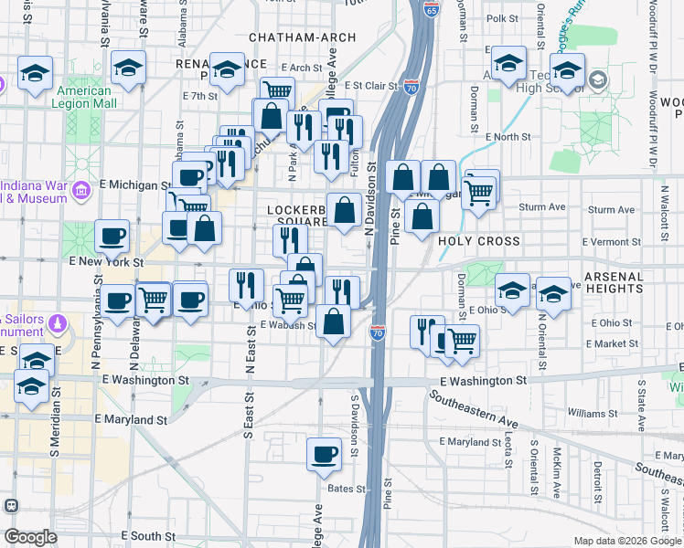 map of restaurants, bars, coffee shops, grocery stores, and more near 718-700 East New York Street in Indianapolis