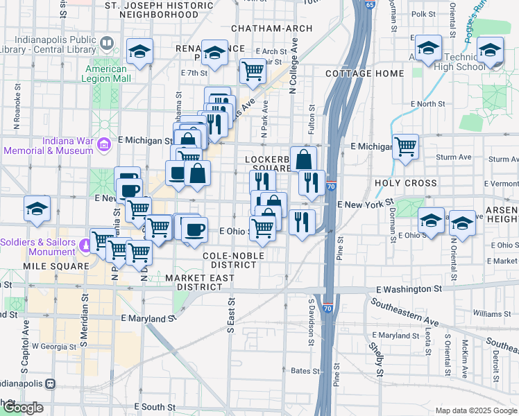 map of restaurants, bars, coffee shops, grocery stores, and more near 521 East New York Street in Indianapolis