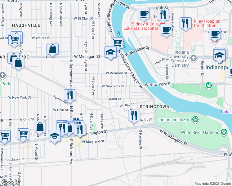 map of restaurants, bars, coffee shops, grocery stores, and more near 254 North Reisner Street in Indianapolis