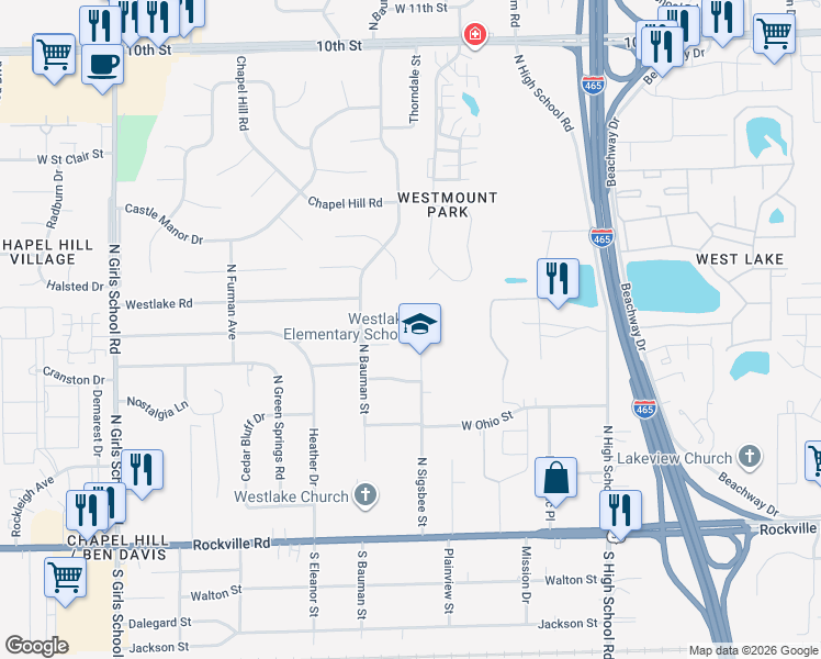map of restaurants, bars, coffee shops, grocery stores, and more near in Indianapolis