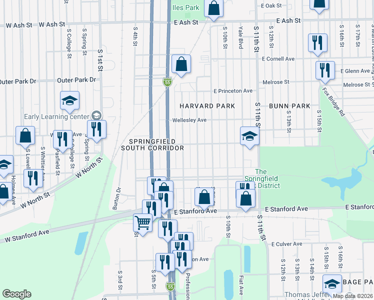 map of restaurants, bars, coffee shops, grocery stores, and more near 2501 South 7th Street in Springfield