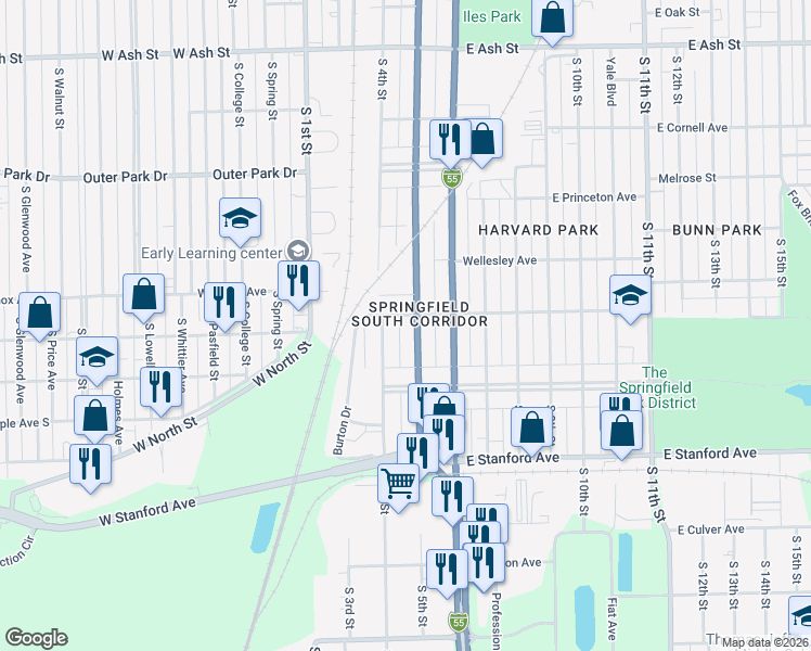 map of restaurants, bars, coffee shops, grocery stores, and more near 2501 South 5th Street in Springfield
