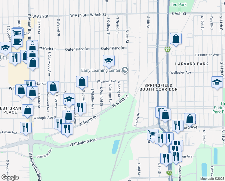 map of restaurants, bars, coffee shops, grocery stores, and more near 2632 South College Street in Springfield