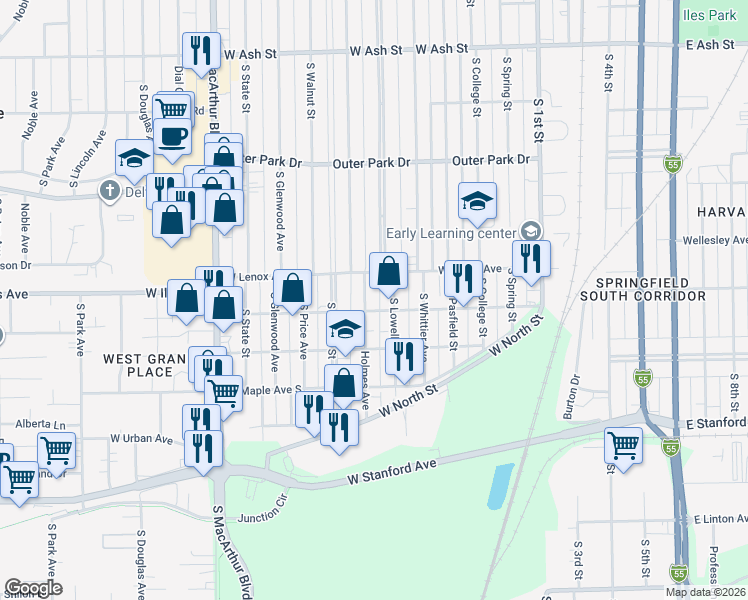map of restaurants, bars, coffee shops, grocery stores, and more near 2621 South Lowell Avenue in Springfield