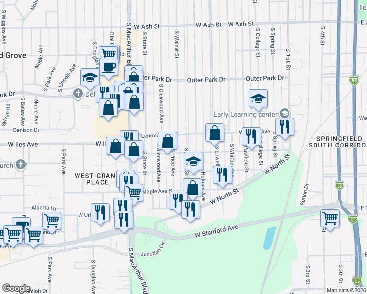map of restaurants, bars, coffee shops, grocery stores, and more near 2620 South Price Avenue in Springfield