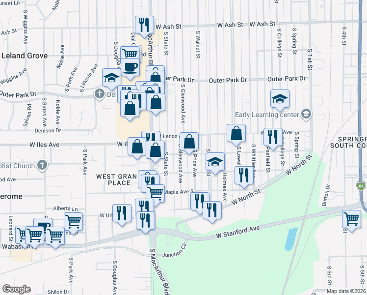 map of restaurants, bars, coffee shops, grocery stores, and more near 2612 South Glenwood Avenue in Springfield