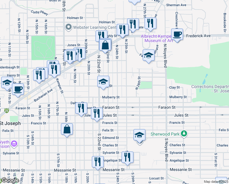 map of restaurants, bars, coffee shops, grocery stores, and more near 519 North 24th Street in Saint Joseph