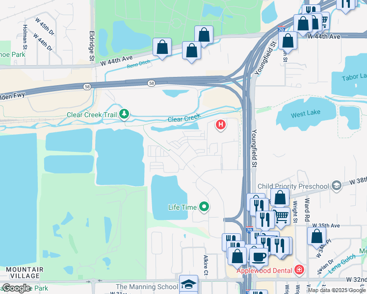 map of restaurants, bars, coffee shops, grocery stores, and more near 4044 Clear Creek Drive in Lakewood