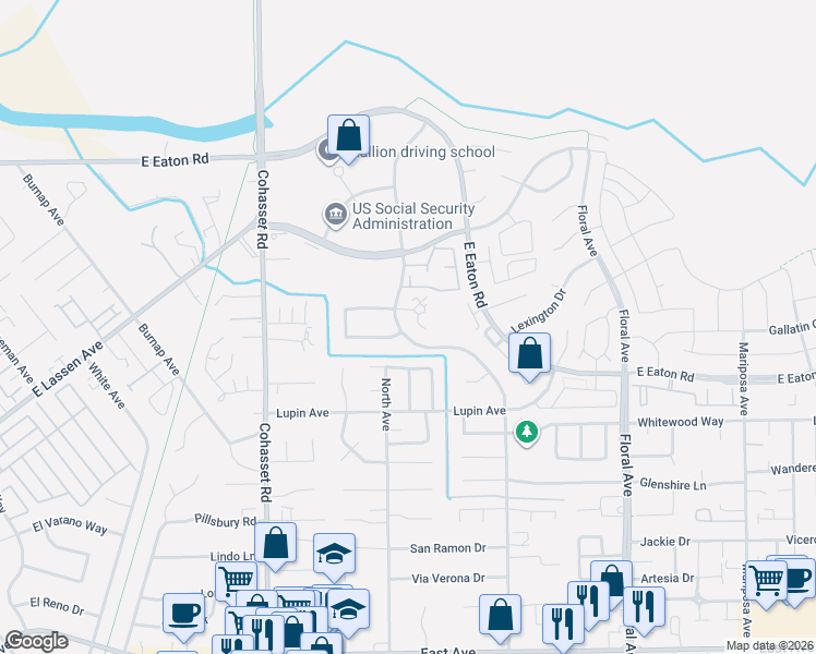 map of restaurants, bars, coffee shops, grocery stores, and more near 2802 Ceres Avenue in Chico