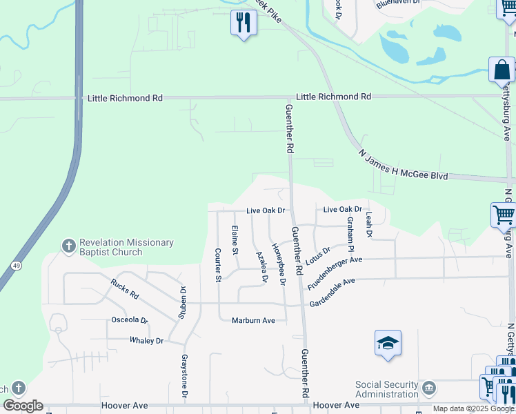 map of restaurants, bars, coffee shops, grocery stores, and more near 4831 Live Oak Drive in Dayton