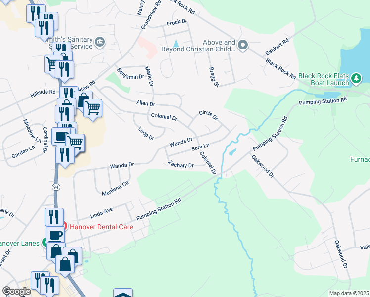 map of restaurants, bars, coffee shops, grocery stores, and more near 50 Sara Lane in Hanover