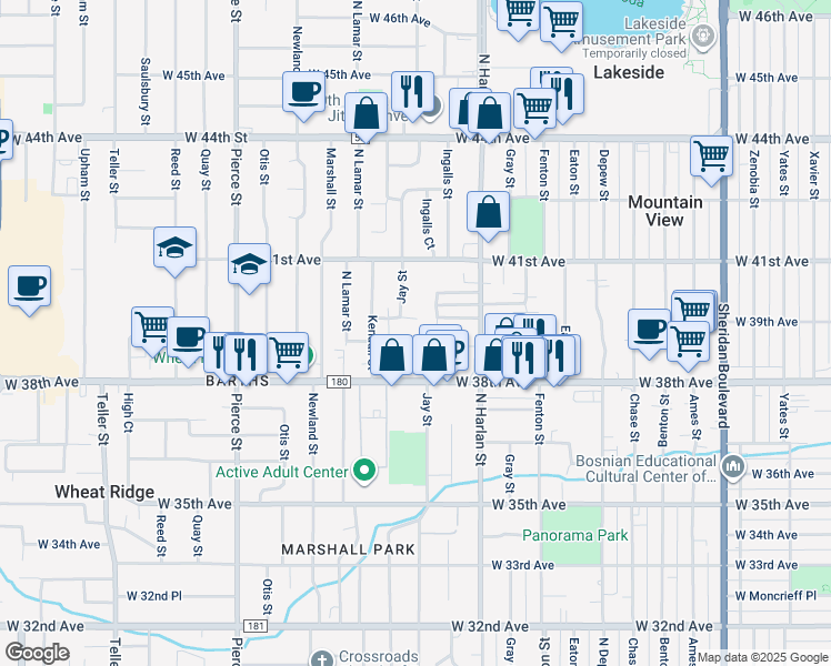 map of restaurants, bars, coffee shops, grocery stores, and more near 3911 Ingalls Street in Wheat Ridge
