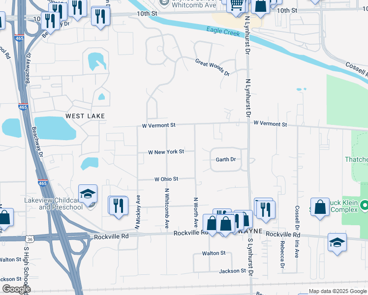 map of restaurants, bars, coffee shops, grocery stores, and more near 5520 West New York Street in Indianapolis