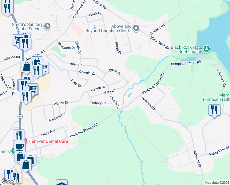 map of restaurants, bars, coffee shops, grocery stores, and more near 111 Sara Lane in Hanover