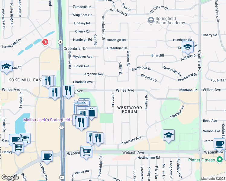 map of restaurants, bars, coffee shops, grocery stores, and more near 2305 W Iles Ave in Springfield