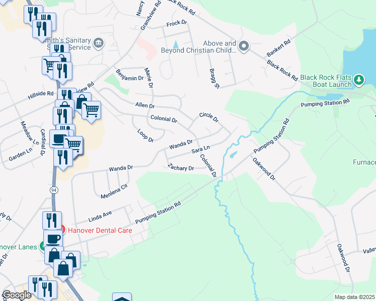 map of restaurants, bars, coffee shops, grocery stores, and more near 54 Sara Lane in Hanover